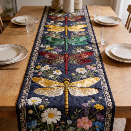 Dragonfly Quilt Pattern Table Runner, Navy Blue Floral Dining Decor, Whimsical Nature Inspired Kitchen Runner, Unique Housewarming Gift