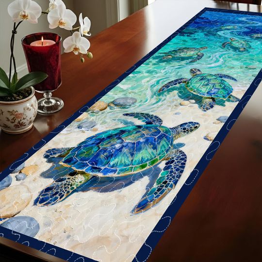 Sea Turtle Quilted Table Runner, Coastal Ocean Turtle Quilted Table Runner, Beach Nautical Patchwork Runner, Tropical Kitchen Table Decor
