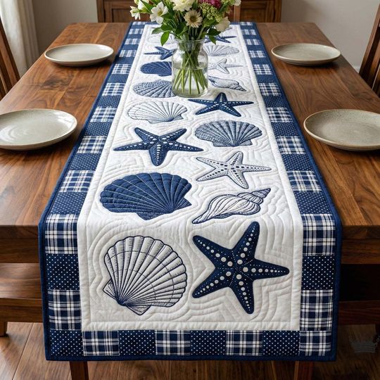 Coastal Table Runner, Nautical Beach Decor, Starfish Seashell Runner, Blue White Ocean Theme, 3D Quilted Effect Print Dining Table Cover