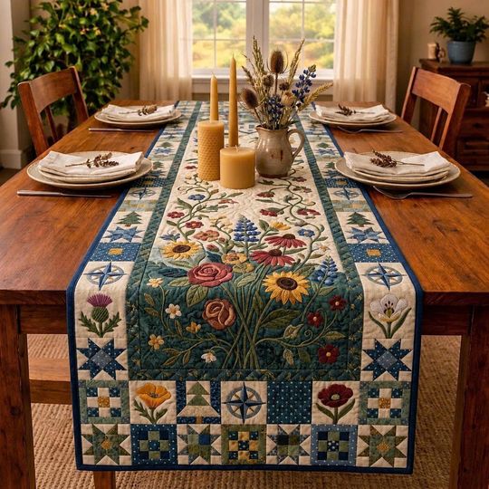 Floral Patchwork Quilted Table Runner, Farmhouse Boho Decor, Rustic Dining Table Decor, Spring Summer Centerpiece, Gift for Home