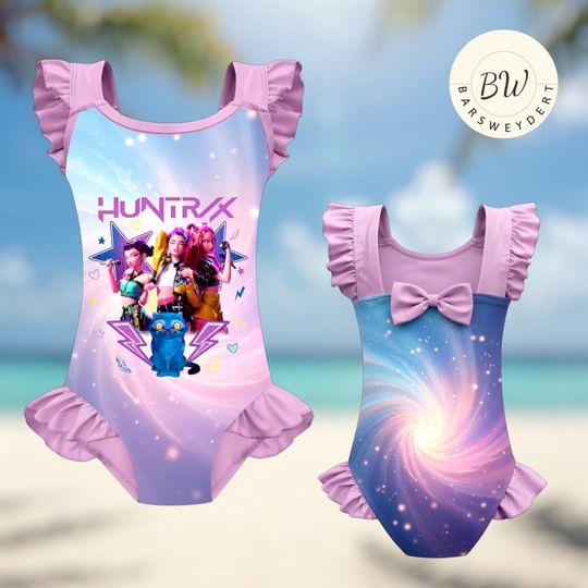 Discover Kpop Demon Hunters HUNTRX Swimsuit, Girls Ruffle One Piece Swimwear, Toddler Kpop Cartoon Bathing Suit, Cute Idol Beach Outfit
