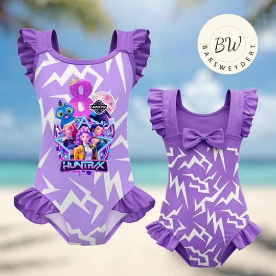 Custom Huntrx Birthday Swimsuit, Personalized Girl One Piece Swimwear, Toddler Ruffle Bathing Suit, Purple Kpop Hunter Theme Beachwear Gift