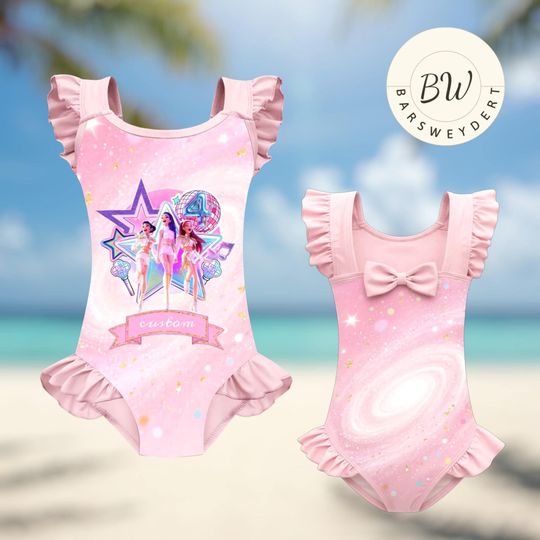Custom Kpop Hunter Birthday Swimsuit, Personalized Girl One Piece Swimwear, Toddler Ruffle Bathing Suit, Pink Star Pop Star Theme Kids Gift