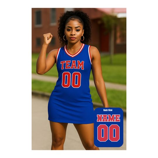 Customizable Women's Basketball Jersey Dress - Blue, Red & White Throwback
