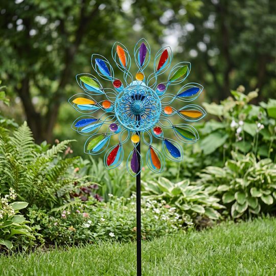 Peacock Metal Wind Spinner, Multicolor Kinetic Garden Sculpture for Outdoor Decor