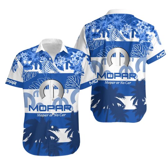 Mopar or No Car Hawaiian Shirt, Blue White Tropical Beach Shirt, Car Enthusiast Summer Vacation Wear, Gift for Mopar Fans