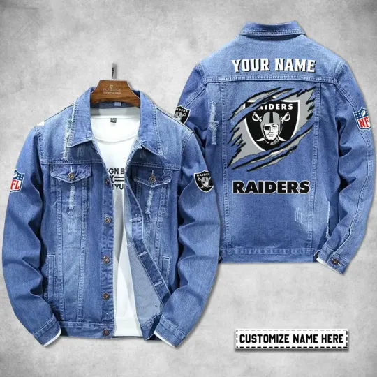 Las Vegas Raiders Personalized Distressed Denim Jacket