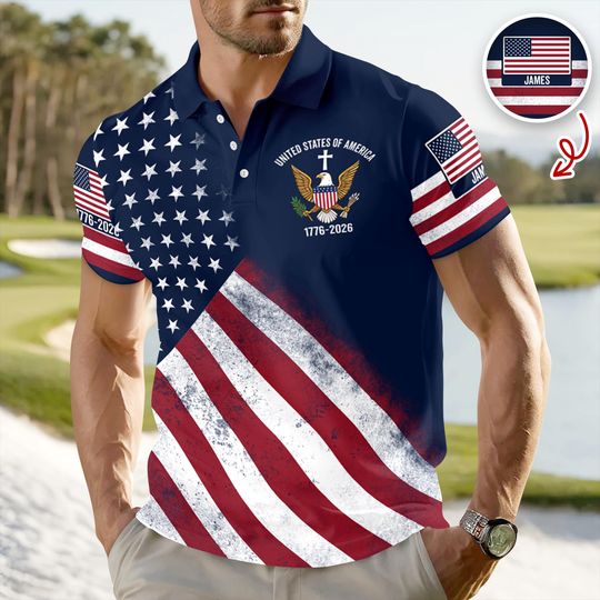 Custom USA Flag Golf Polo Shirt, America 250th Anniversary 17762026 Polo, Personalized Patriotic Golf Shirt for Men, Fourth of July Gift