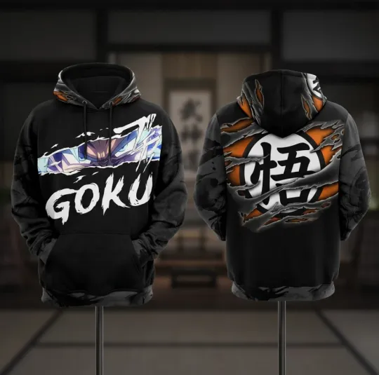 Anime Dragon Ball Z Goku Kanji Ripped 3D Print Men Pullover Hoodie