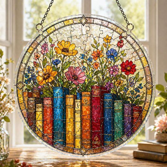 Bookcase Acrylic Suncatcher Puzzle, DIY Sun Catcher Kit, Acrylic Puzzle Suncatcher for Book Lover, Unique Puzzle Piece Gift, Librarian Gift
