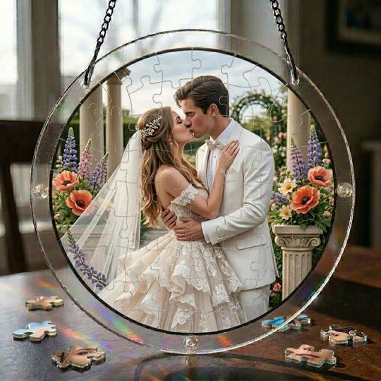 Custom Acrylic Puzzle Suncatcher, Round Photo Hanging Ornament, Wedding Gift