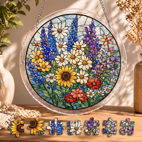 Wildflower Suncatcher Puzzle DIY Kit, Acrylic Window Hanging Decor, Adult Craft Kit, Floral Suncatcher, Rainbow Light Maker, Gift for Her