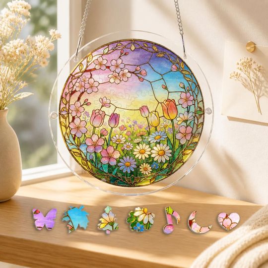 Acrylic Wildflower Suncatcher Puzzle, Daisy Stained Glass Window Hanging, Floral Decor Kit