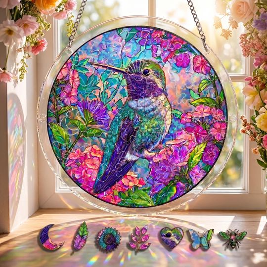Hummingbird Puzzle Suncatcher DIY Kit , Stained Glass Style Window Art, Floral Bird Decor, Colorful Gift for Bird Lovers, Spring Home Decor