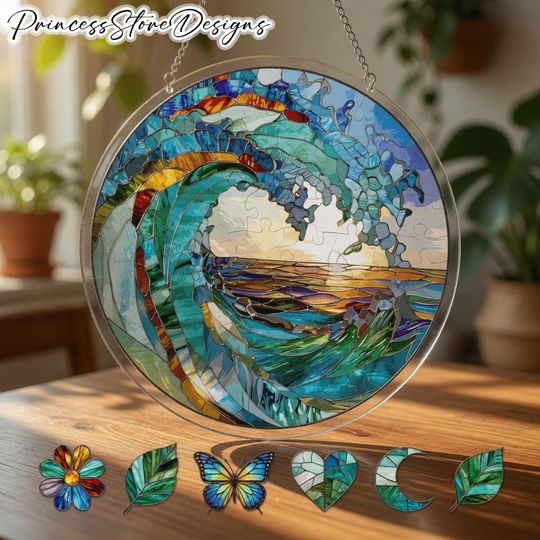 Ocean Suncatcher Puzzle DIY Kit, Acrylic Suncatcher Puzzle, DIY Suncatcher Kits Suncatcher, Ocean Wave Stained Glass Suncatcher Puzzle