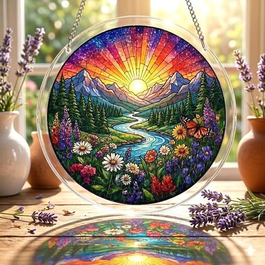 Sunrise Scene Acrylic Puzzle Suncatcher, Wildflower Forest DIY Suncatcher Kit, Unique Mountain Lake Puzzle Window Hanging, Nature Lover Gift