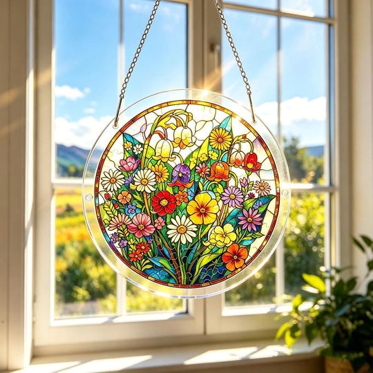Flowers Acrylic Puzzle, Crystal Puzzle Suncatcher Window Hanging Ornament, Stained Glass Style DIY Jigsaw Puzzle, Unique home decor