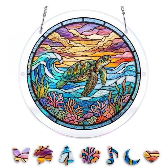 Acrylic Suncatcher Puzzle,DIY Suncatcher Kits for Adults,Sea Turtle Stained Glass Suncatcher Puzzle