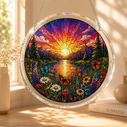 Sunset Landscape Suncatcher, Acrylic Stained Glass Butterfly Wildflower Decor