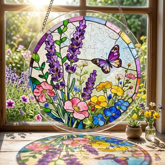 Charming Butterfly  Acrylic Puzzle Suncatcher, DIY Suncatcher Puzzle Kit Window Hanging, Sunflower Iris Garden Autumn Decor, Nature Mom Gift