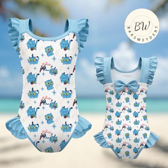 Blue Cat Anime Girl Swimsuit, Cute Kawaii One Piece Swimwear, Toddler Ruffle Bathing Suit, Kpop Hunter Theme Beachwear, Kids Summer Outfit