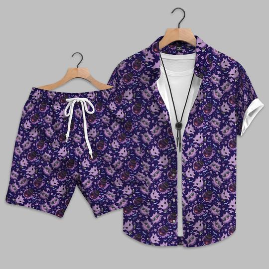 Gengar Gastly Hawaiian Shirt and Short, Spooky Ghost Anime Tropical Shirt, Kawaii Cartoon Aloha Shirt, Summer Beach Vacation Outfit