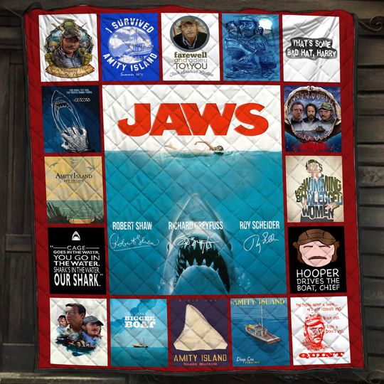 Jaws Movie Collage Blanket, Vintage Shark Film Quilt, Amity Island Quilt