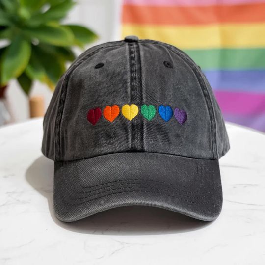 Embroidered LGBT Pride Hat: Rainbow Heart Washed Cap
