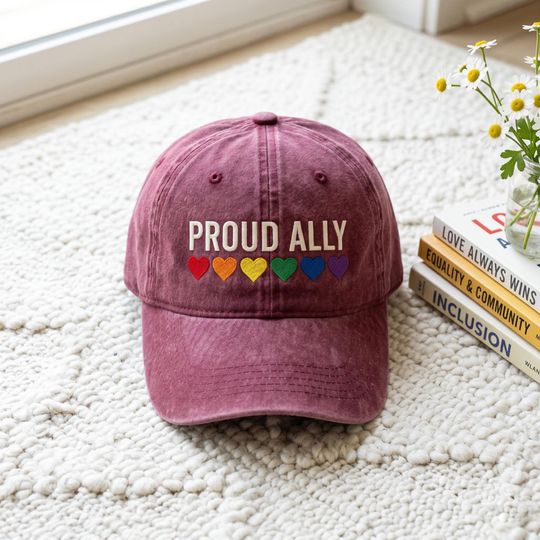 Embroidered Proud Ally Hat, Ally Pride Outfit, LGBTQ Hat, Pride Month Hat, Rainbow Hearts Gay Pride Hat, Equality Hat, LGBTQ Cap