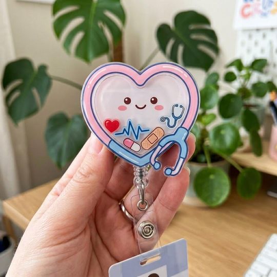 Heart Stethoscope Shaker Badge Reel, Cute Nurse Badge Holder, RN CNA ID Clip