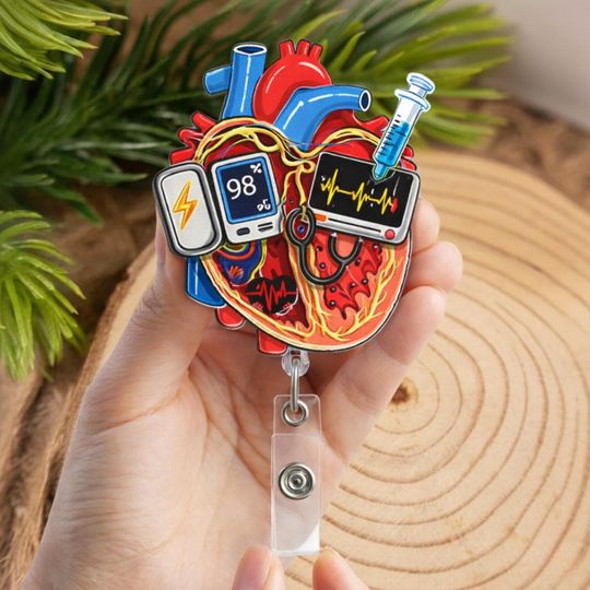 Heart Shaker Badge Reel, Cardiology Nurse Retractable ID Holder, Cardiac Anatomy Badge Clip