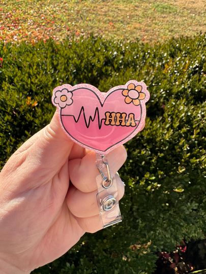 HHA Badge Reel, Pink Glitter Floral Heart, Healthcare ID Clip