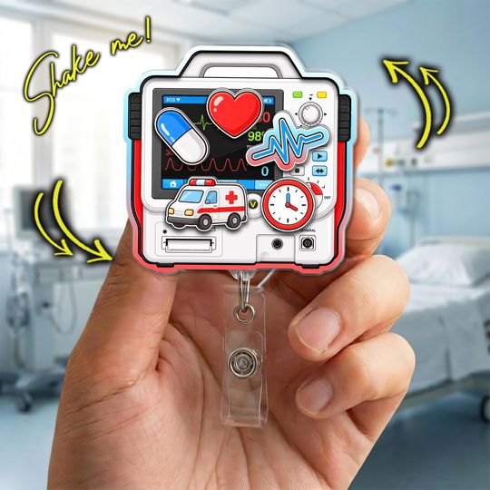 Defibrillator Shaker Badge Reel, Heart Monitor ID Holder, Funny EMT Nurse Gift, Medical Tech Name Tag Clip