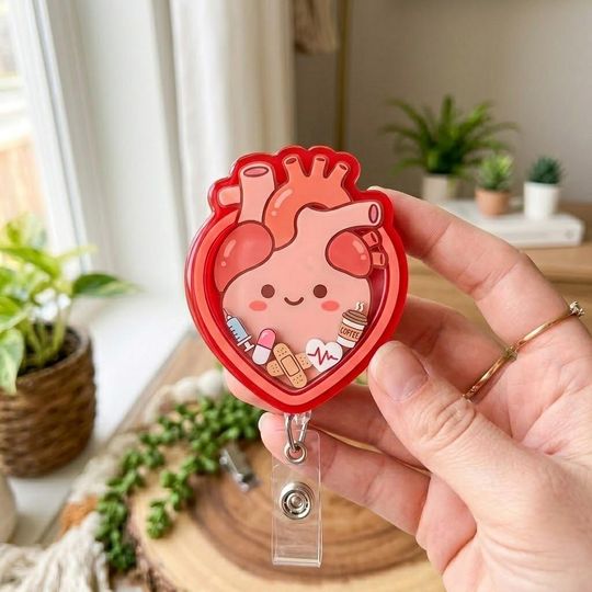 Anatomical Heart Shaker Badge Reel, Cute Nurse Badge Holder, Kawaii Medical ID Clip, Retractable Badge Reel