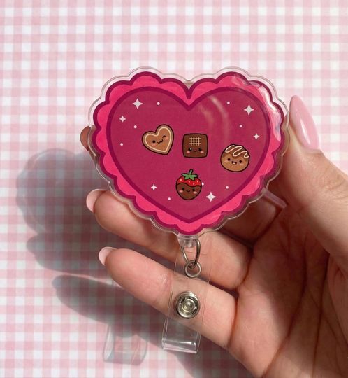 Kawaii Dessert Shaker Valentine Badge Reel | Pink Glitter Heart Nurse ID Holder
