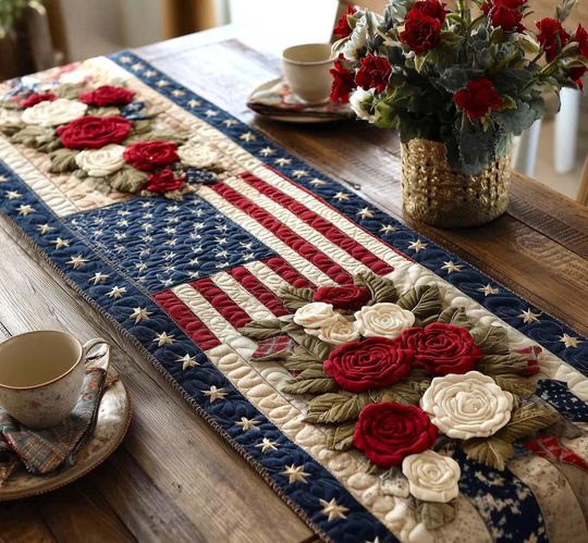 Patriot Palette Quilted Table Runner, USA 250th Year Freedom Celebration Runner, Spring Table Runner, Mother's Day Gift, Aesthetic