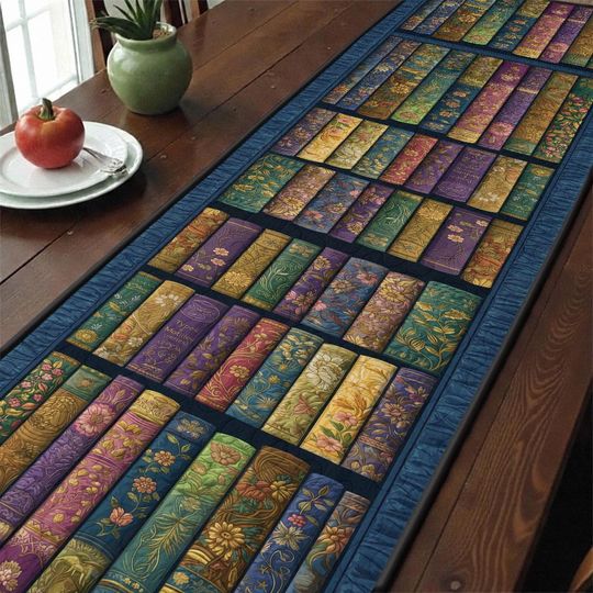 Library Books Quilted Table Runner, Bookcase Table Decor, Literary Patchwork Quilt Home Decor, Bibliophile Teacher Kitchen Table Mat