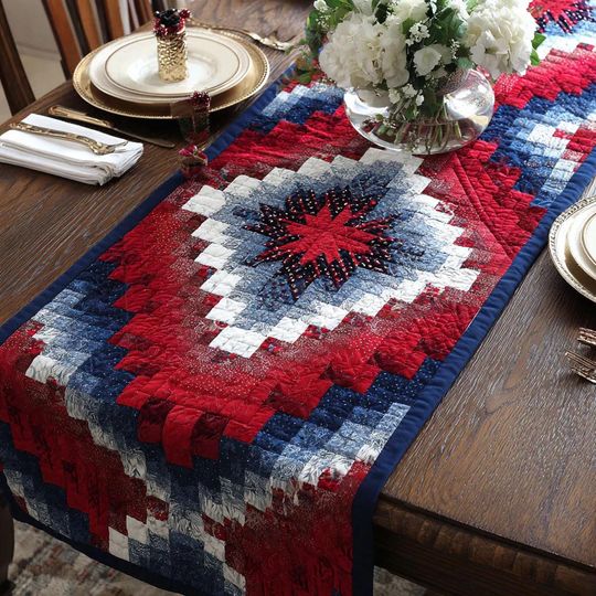 Patriotic Quilt Table Runner, American Flag Table Decor, Farmhouse 4th of July Table Runner, USA Patchwork Table Runner, Independence Day