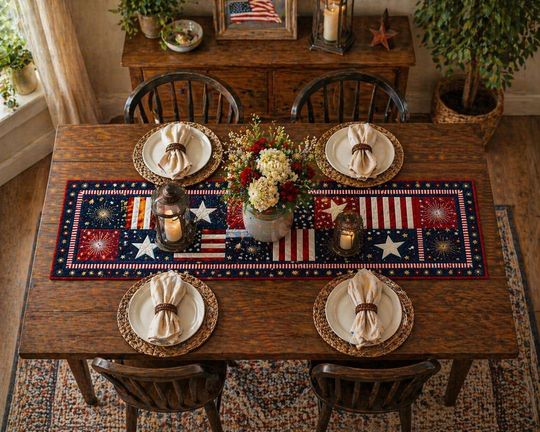 Patriotic Quilted Table Runner, American Flag Patchwork Table Decor, 4th of July Dining Table Topper, Farmhouse Independence Day Gift