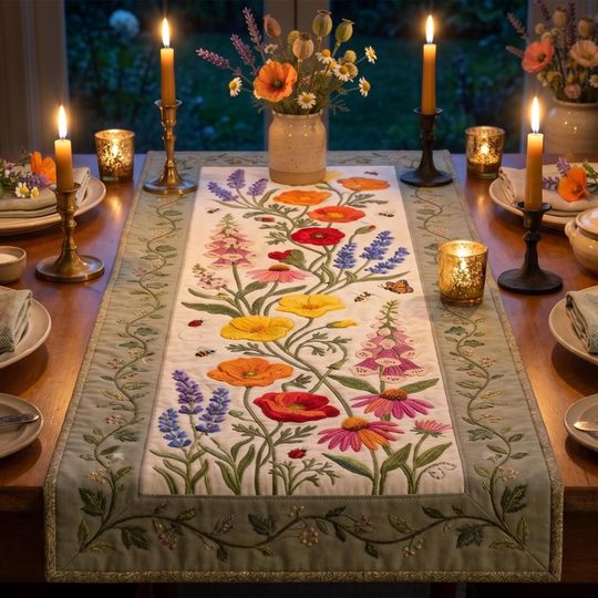 Wildflower Quilt Table Runner, Floral Dining Decor, Botanical Garden Tablecloth, Style Poppy Lavender Decor, Housewarming Gift