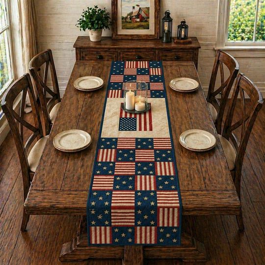 Americana Quilt Table Runner, USA Flag Patchwork Table Decor, Rustic Farmhouse Table Runner, Patriotic Dining Table Linen