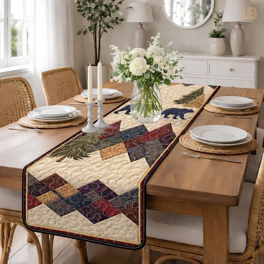 Quilted Bear Table Runner, Rustic Cabin Decor for Dining Room, Lodge Style Mountain Table Cloth, Pine Tree Country Kitchen,Housewarming Gift