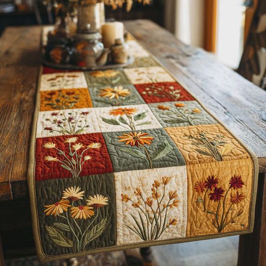 Floral Patchwork Table Runner, Rustic Farmhouse Decor, Botanical Dining Accent, Fall Kitchen Decor