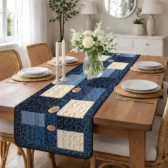 Blue Denim Quilted Table Runner, Rustic Patchwork Table Decor with Buttons, Farmhouse Blue Dining Runner, Country Kitchen Decor, Unique Gift