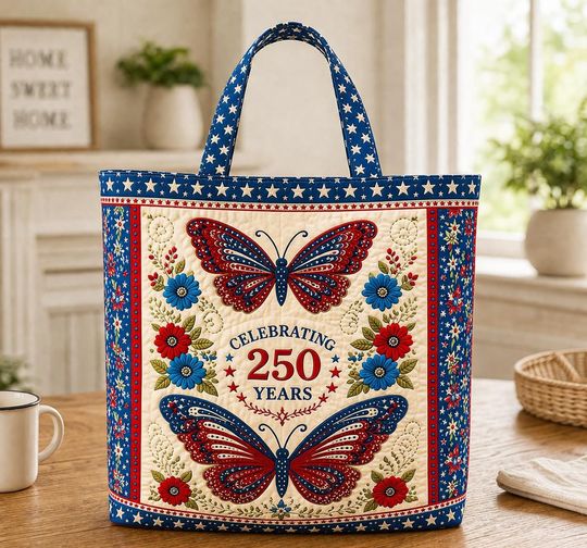 250 Years Celebration Tote Bag, Patriotic Butterfly Quilted Tote, 4th of July Gift, American Independence Day Floral Shoulder Bag