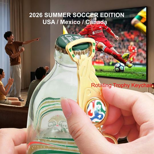 Soccer Trophy Bottle Opener Keychain - Rotating Football Opener, Champion Cup Gift