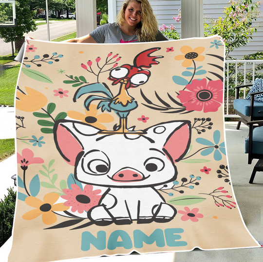 Personalized Moana Pua And Hei Hei Fleece Blanket