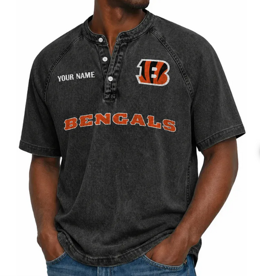 Cincinnati Bengal Custom Name Denim Washed T-Shirt, Football Lover Gift, Father's Day Gift