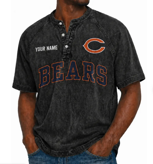 Chicago Bears Custom Name Denim Washed T-Shirt, Football Lover Gift, Father's Day Gift