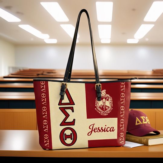 Personalized Delta Sigma Theta Leather Tote Bag, Custom Sorority Tote Bag, College Gift, Sorority Gift
